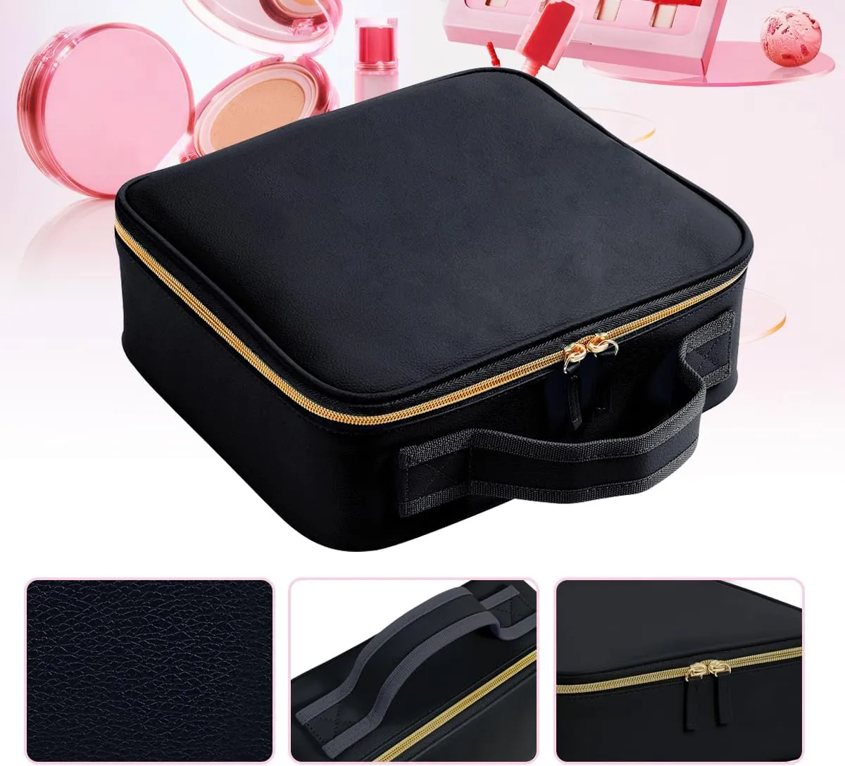 Makeup Bag Organizer Travel Case with Adjustable Dividers Light Portable Train Storage Bag for Makeup Brushes Jewelry Accessories (Black)