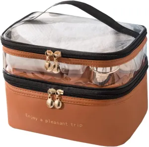 Makeup Bag Portable Cosmetic Bag Large Capacity Travel Storage Bag Makeup Case with Double Zippers Double Layer Cosmetic Case for Women(Brown)