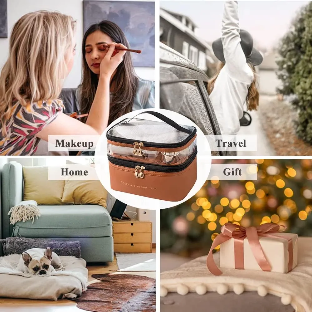 Makeup Bag Portable Cosmetic Bag Large Capacity Travel Storage Bag Makeup Case with Double Zippers Double Layer Cosmetic Case for Women(Brown)