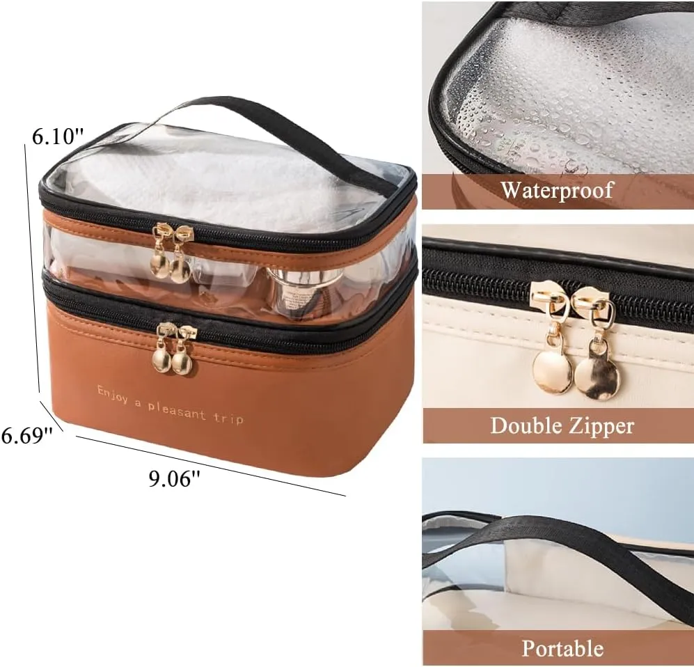 Makeup Bag Portable Cosmetic Bag Large Capacity Travel Storage Bag Makeup Case with Double Zippers Double Layer Cosmetic Case for Women(Brown)