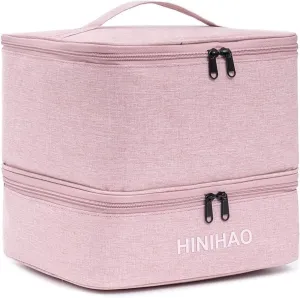 Makeup Bag, Portable Cosmetic Bag, Travel Makeup Organizer With Handle and Divider, Double Layer Large Organizer Bag, Adjustable Dividers and Brush Organize area- Pink (makeup bag-lage)