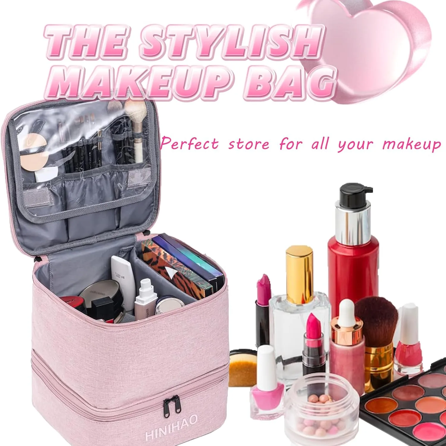 Makeup Bag, Portable Cosmetic Bag, Travel Makeup Organizer With Handle and Divider, Double Layer Large Organizer Bag, Adjustable Dividers and Brush Organize area- Pink (makeup bag-lage)