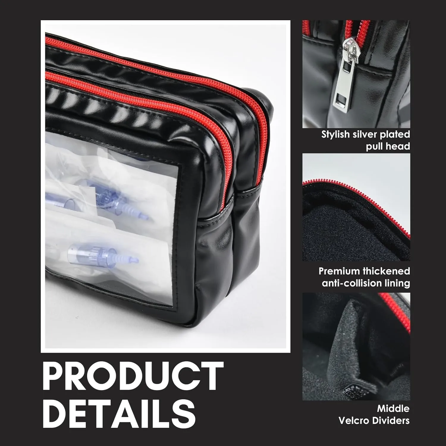 Makeup Bag Portable, Waterproof Carry on Bag Cosmetic Bag for Professional Microneedling Pen & Replacement Cartridges, Travel Cosmetic Organizer for Women Girls (Black-and Red, Bag Only)
