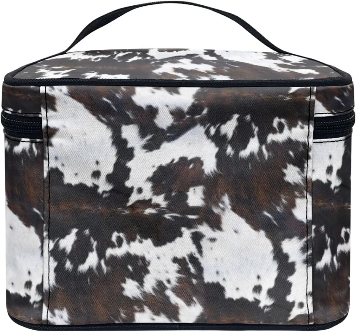 Makeup Bag, Western Style Cosmetic Bag, Large Capacity Travel Makeup Organizer, Toiletry Bag For Women & Girls With Handle and Divider (Balck Cowhide)