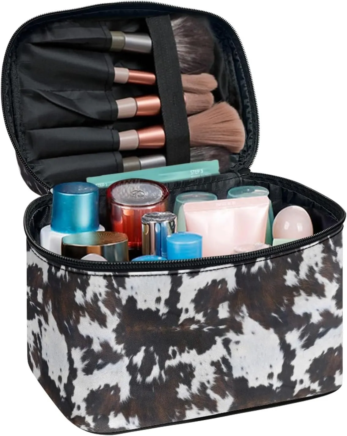 Makeup Bag, Western Style Cosmetic Bag, Large Capacity Travel Makeup Organizer, Toiletry Bag For Women & Girls With Handle and Divider (Balck Cowhide)