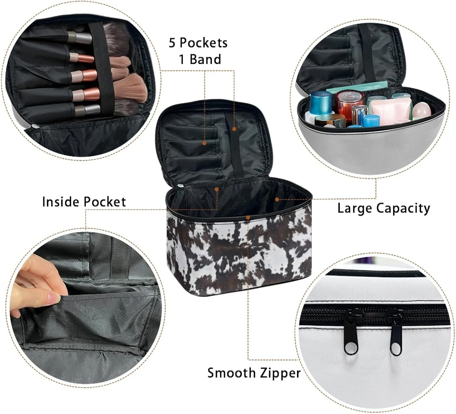 Makeup Bag, Western Style Cosmetic Bag, Large Capacity Travel Makeup Organizer, Toiletry Bag For Women & Girls With Handle and Divider (Balck Cowhide)