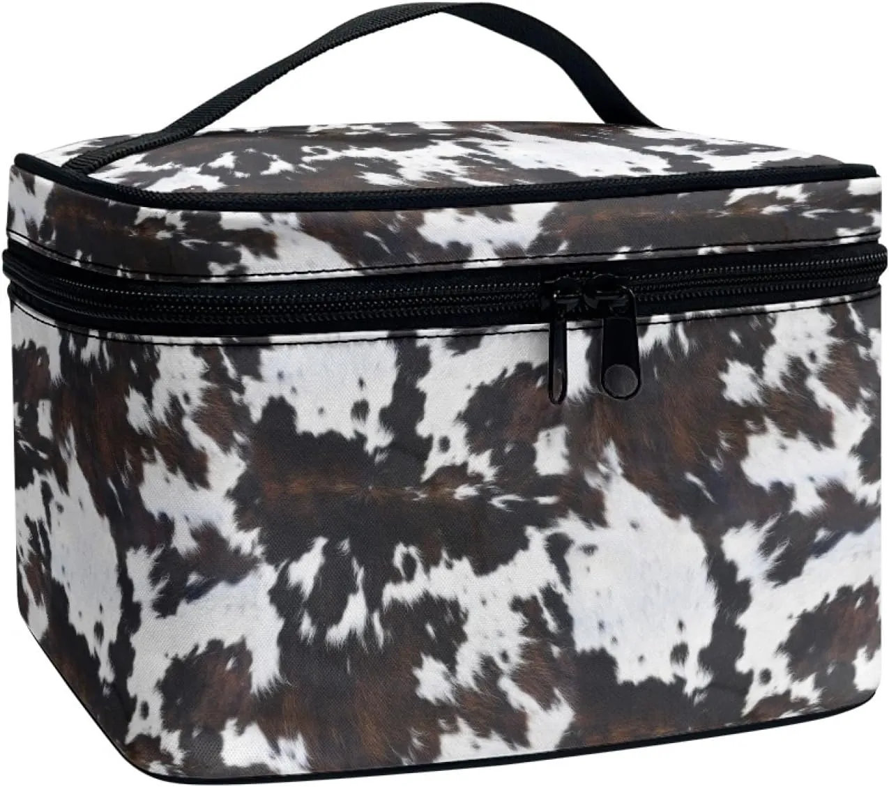 Makeup Bag, Western Style Cosmetic Bag, Large Capacity Travel Makeup Organizer, Toiletry Bag For Women & Girls With Handle and Divider (Balck Cowhide)