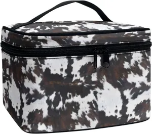 Makeup Bag, Western Style Cosmetic Bag, Large Capacity Travel Makeup Organizer, Toiletry Bag For Women & Girls With Handle and Divider (Balck Cowhide)