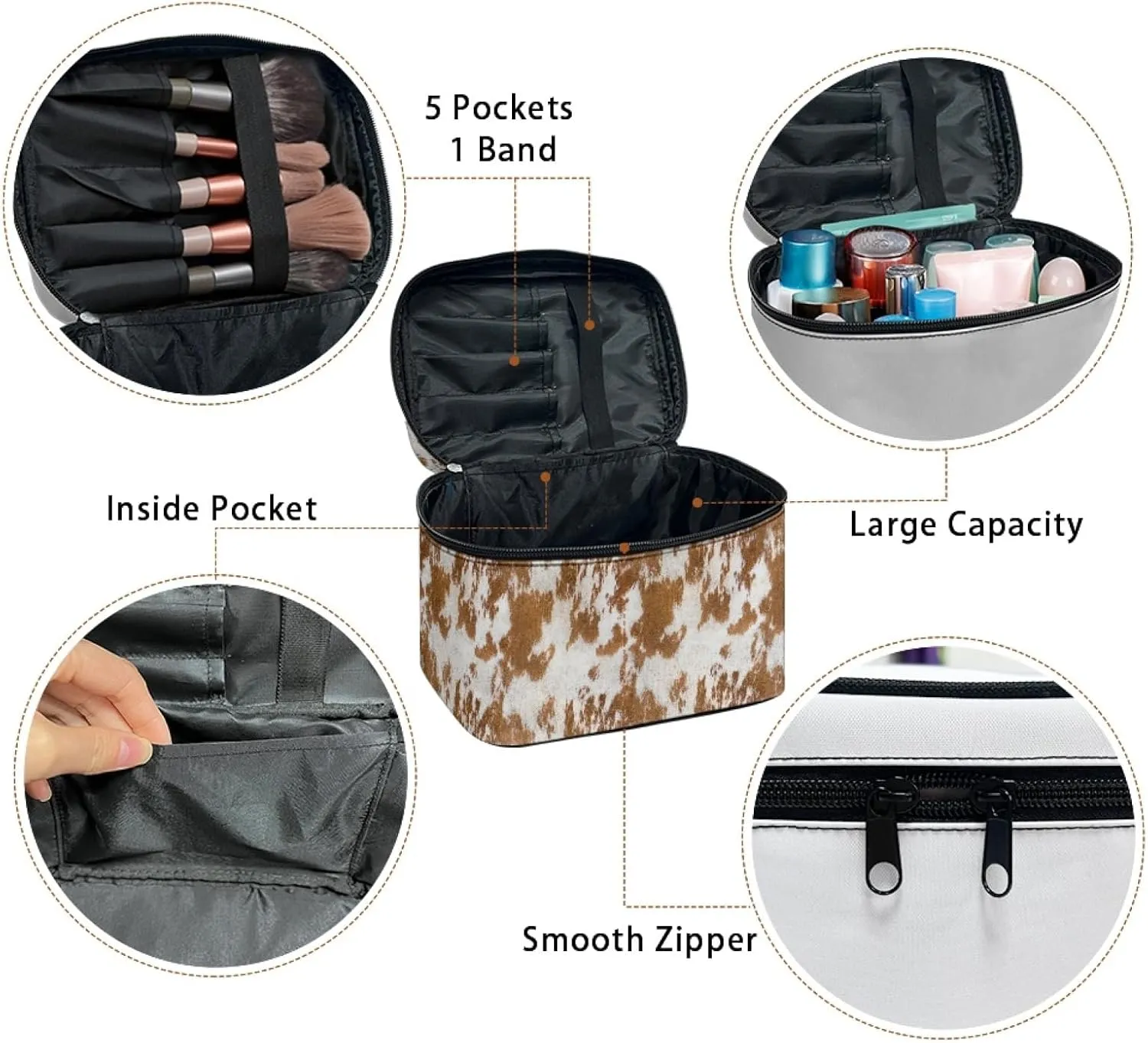 Makeup Bag, Western Style Cosmetic Bag, Large Capacity Travel Makeup Organizer, Toiletry Bag For Women & Girls With Handle and Divider (Brown Cowhide)