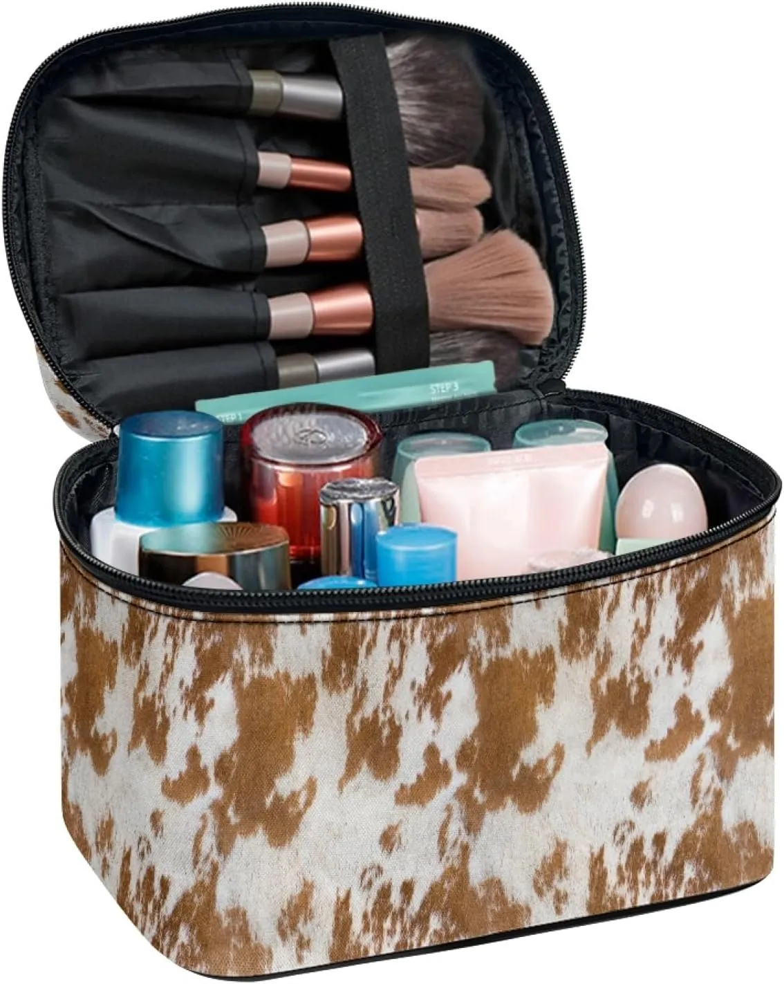 Makeup Bag, Western Style Cosmetic Bag, Large Capacity Travel Makeup Organizer, Toiletry Bag For Women & Girls With Handle and Divider (Brown Cowhide)
