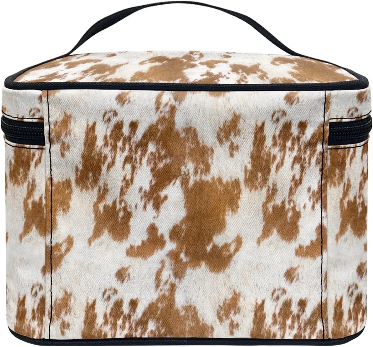 Makeup Bag, Western Style Cosmetic Bag, Large Capacity Travel Makeup Organizer, Toiletry Bag For Women & Girls With Handle and Divider (Brown Cowhide)