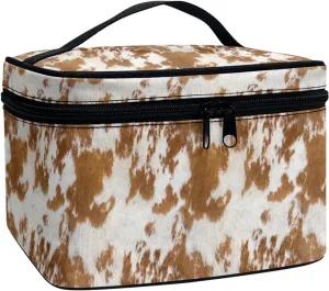 Makeup Bag, Western Style Cosmetic Bag, Large Capacity Travel Makeup Organizer, Toiletry Bag For Women & Girls With Handle and Divider (Brown Cowhide)
