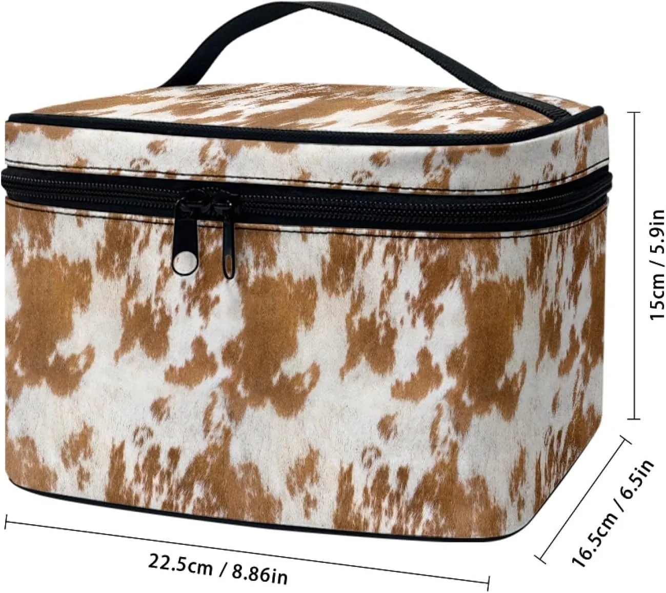 Makeup Bag, Western Style Cosmetic Bag, Large Capacity Travel Makeup Organizer, Toiletry Bag For Women & Girls With Handle and Divider (Brown Cowhide)