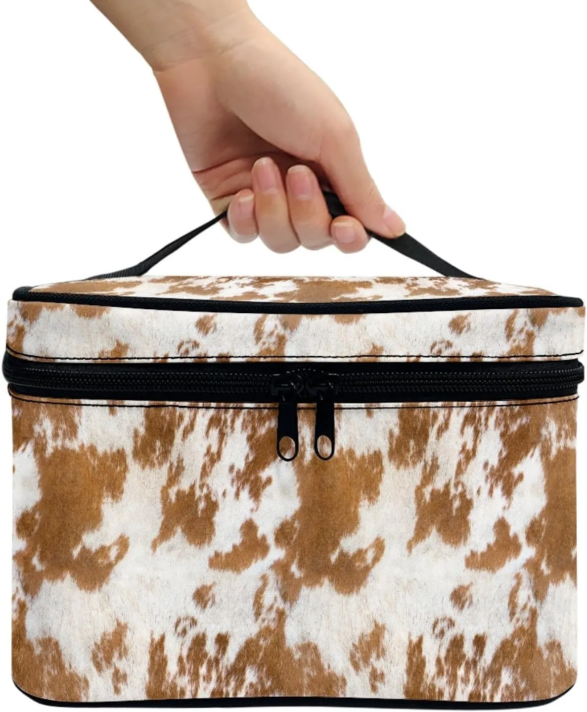 Makeup Bag, Western Style Cosmetic Bag, Large Capacity Travel Makeup Organizer, Toiletry Bag For Women & Girls With Handle and Divider (Brown Cowhide)