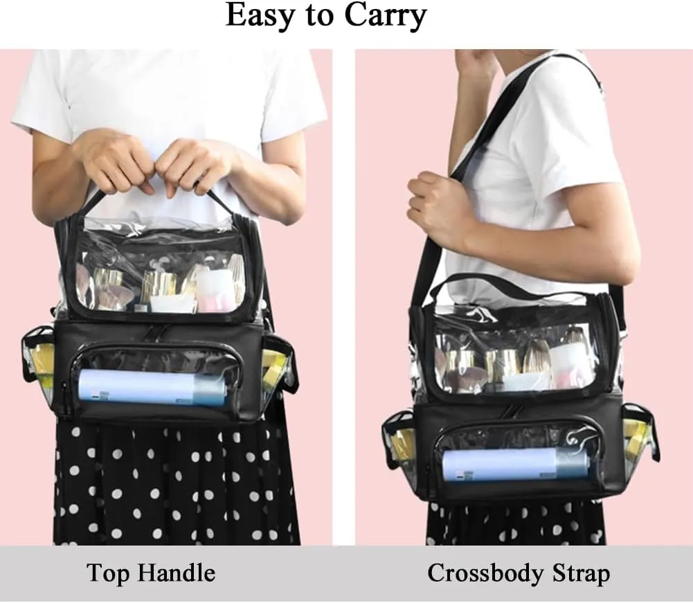 Makeup Brush Case, Clear Makeup Organizer Bag with Pockets Transparent Professional Makeup Bag Makeup Travel Makeup Artist Bag with Shoulder Strap and Adjustable Dividers, Black
