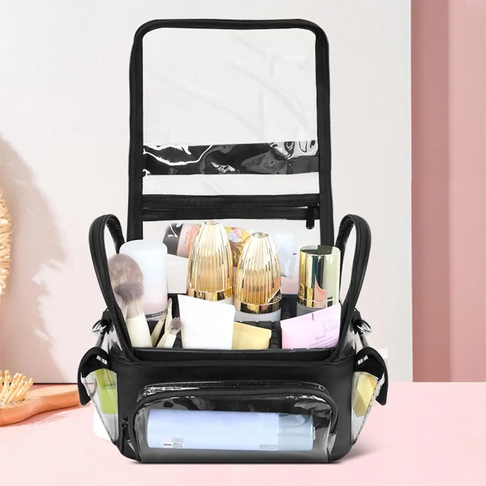 Makeup Brush Case, Clear Makeup Organizer Bag with Pockets Transparent Professional Makeup Bag Makeup Travel Makeup Artist Bag with Shoulder Strap and Adjustable Dividers, Black