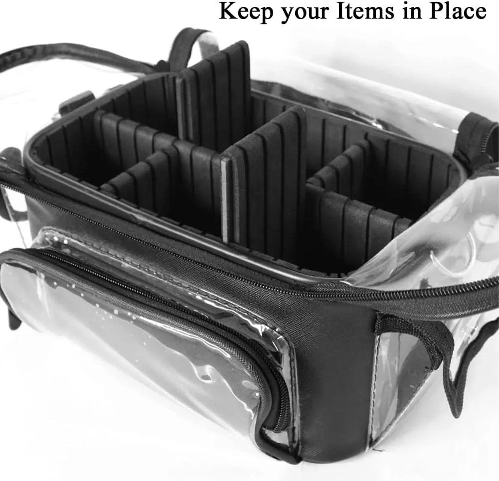Makeup Brush Case, Clear Makeup Organizer Bag with Pockets Transparent Professional Makeup Bag Makeup Travel Makeup Artist Bag with Shoulder Strap and Adjustable Dividers, Black