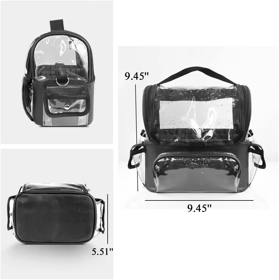 Makeup Brush Case, Clear Makeup Organizer Bag with Pockets Transparent Professional Makeup Bag Makeup Travel Makeup Artist Bag with Shoulder Strap and Adjustable Dividers, Black