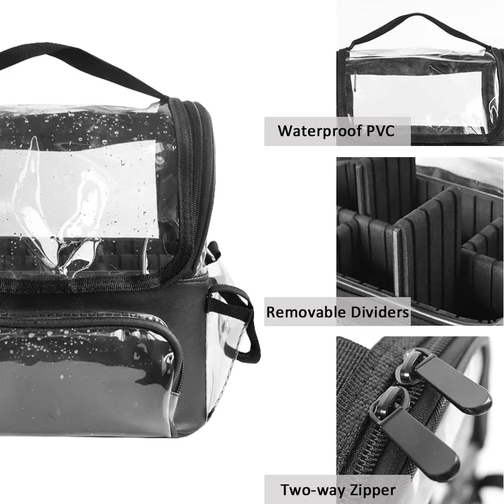 Makeup Brush Case, Clear Makeup Organizer Bag with Pockets Transparent Professional Makeup Bag Makeup Travel Makeup Artist Bag with Shoulder Strap and Adjustable Dividers, Black