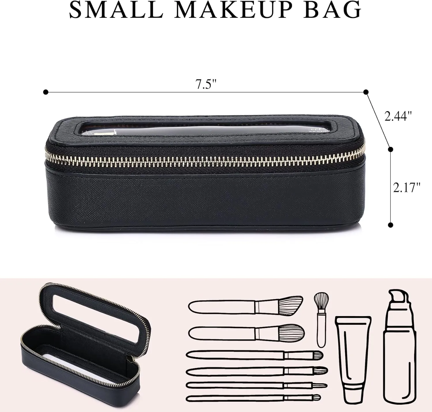 Makeup Brush Case Slim Clear Makeup Bag Travel Cosmetic Case and Waterproof Toiletry Makeup Bag with Zipper Purse Organizer for Women (Black, Slim)