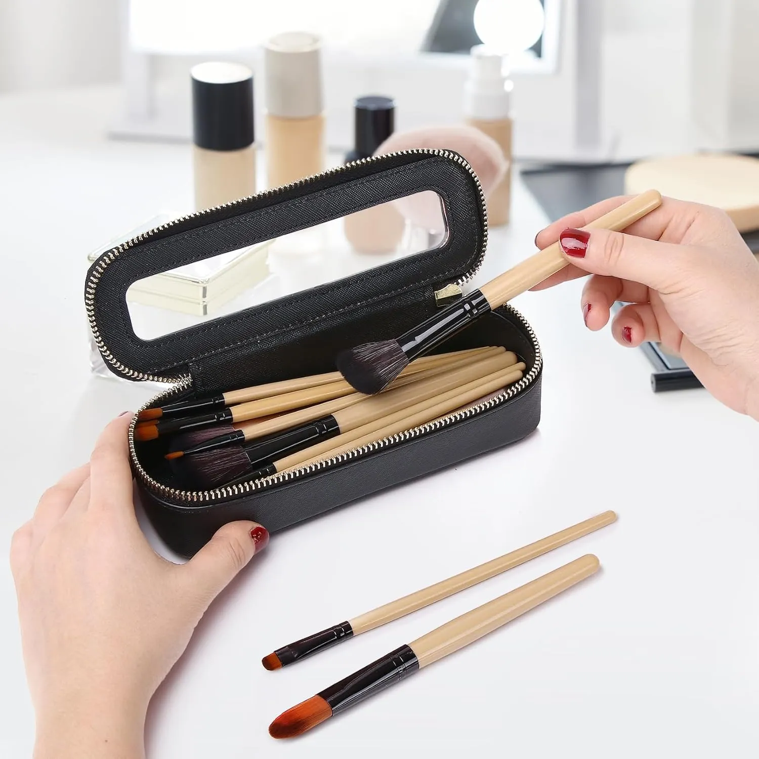 Makeup Brush Case Slim Clear Makeup Bag Travel Cosmetic Case and Waterproof Toiletry Makeup Bag with Zipper Purse Organizer for Women (Black, Slim)