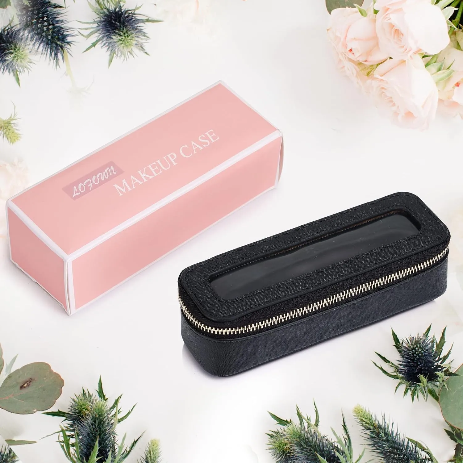 Makeup Brush Case Slim Clear Makeup Bag Travel Cosmetic Case and Waterproof Toiletry Makeup Bag with Zipper Purse Organizer for Women (Black, Slim)
