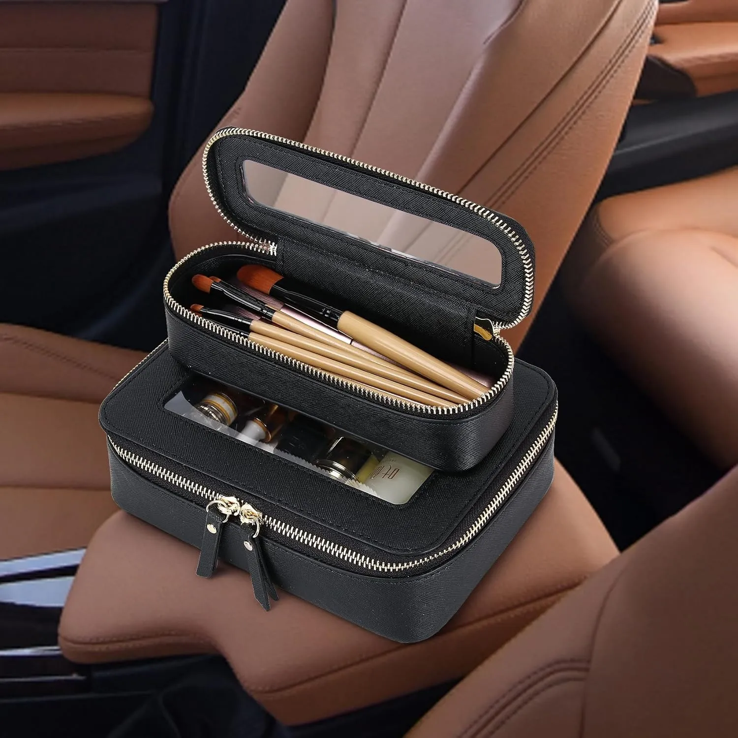 Makeup Brush Case Slim Clear Makeup Bag Travel Cosmetic Case and Waterproof Toiletry Makeup Bag with Zipper Purse Organizer for Women (Black, Slim)