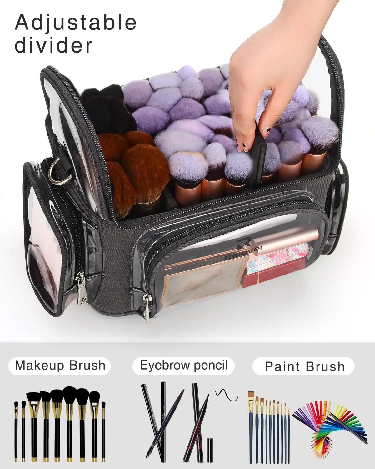 Makeup Brush Case Stand-up Makeup Cup Makeup Brush Holder Travel Professional Cosmetic Bag Artist Storage Bag with Shoulder Strap and Adjustable Divider (02-Black（X Large）)