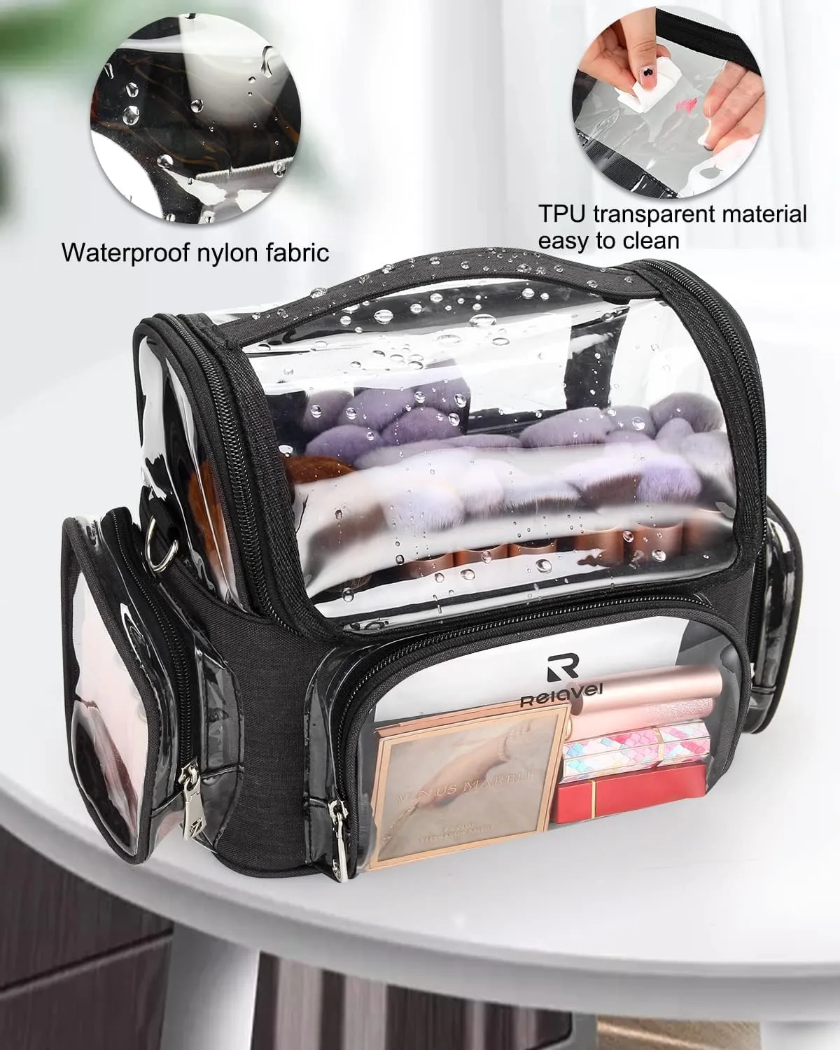 Makeup Brush Case Stand-up Makeup Cup Makeup Brush Holder Travel Professional Cosmetic Bag Artist Storage Bag with Shoulder Strap and Adjustable Divider (02-Black（X Large）)