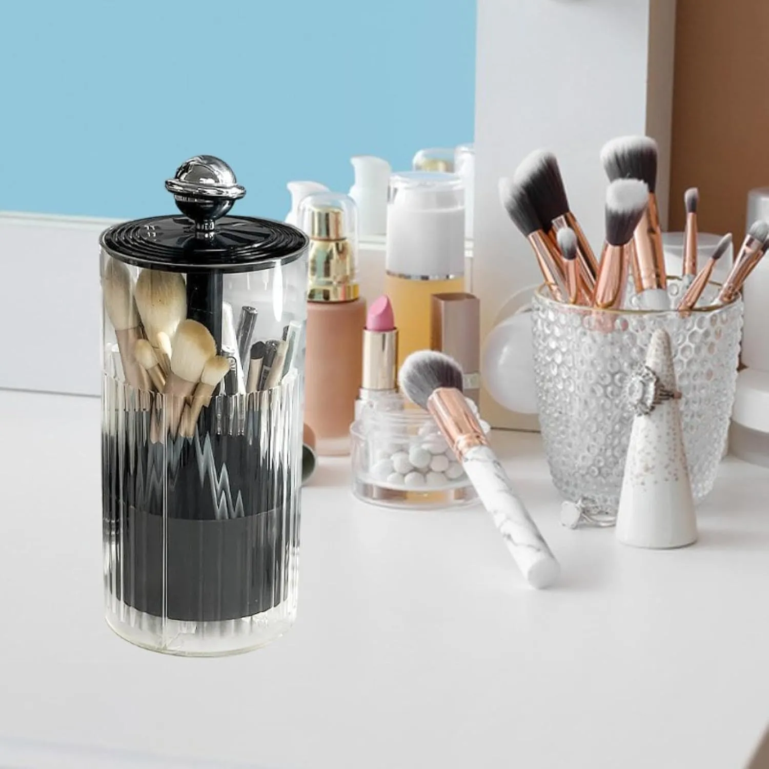Makeup Brush Holder Transparent Automatic Lifting Dustproof Cosmetic Storage Box Makeup Tool Organizer for Desktop Dorm, Silver and Black