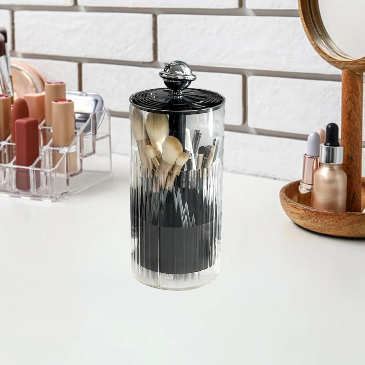 Makeup Brush Holder Transparent Automatic Lifting Dustproof Cosmetic Storage Box Makeup Tool Organizer for Desktop Dorm, Silver and Black