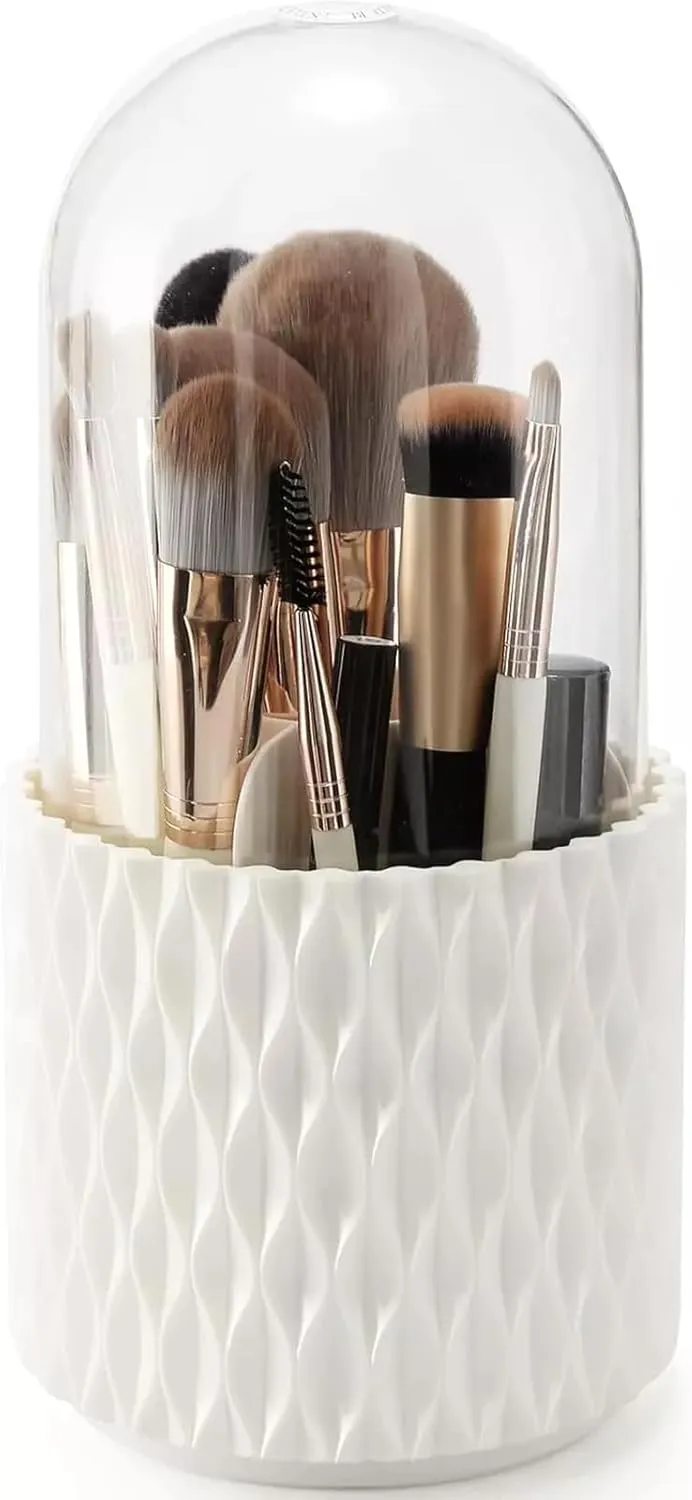 Makeup Brush Holder with Lid, 360 Rotating Cosmetics Makeup Brush Organizer Storage with Lid for Vanity