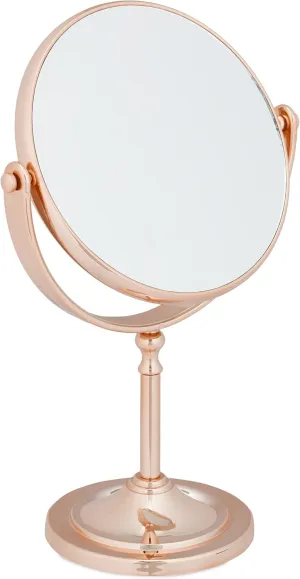 Makeup Mirror, 2X Magnification, Double-Sided, Swivels 360°, Round, Standing, HxWxD: 27.5x18x10.5 cm, Copper
