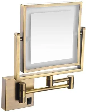 Makeup Mirror Makeup Mirror, Bathroom Shaving Mirror Wall Mounted USB Charge Makeup Mirror With LED Lights and 1x/ 3x Magnification Vanity Mirror Extendable Built- in Lithium Battery Square Golden Bra