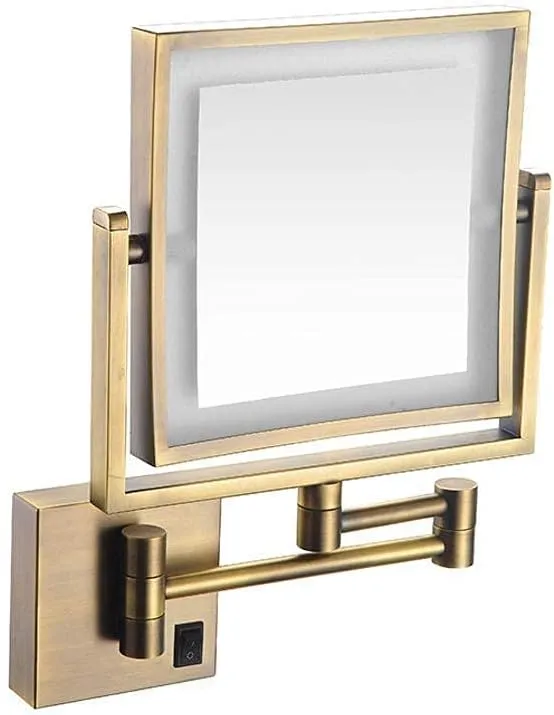Makeup Mirror Makeup Mirror, Bathroom Shaving Mirror Wall Mounted USB Charge Makeup Mirror With LED Lights and 1x/ 3x Magnification Vanity Mirror Extendable Built- in Lithium Battery Square Golden Bra