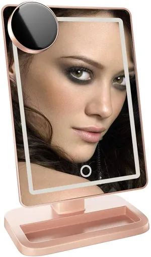 Makeup Mirror with LED Light Illuminated with 10X Magnifying Round Touch Switch Three Light Colors Standing Portable Cosmetic Mirror,1