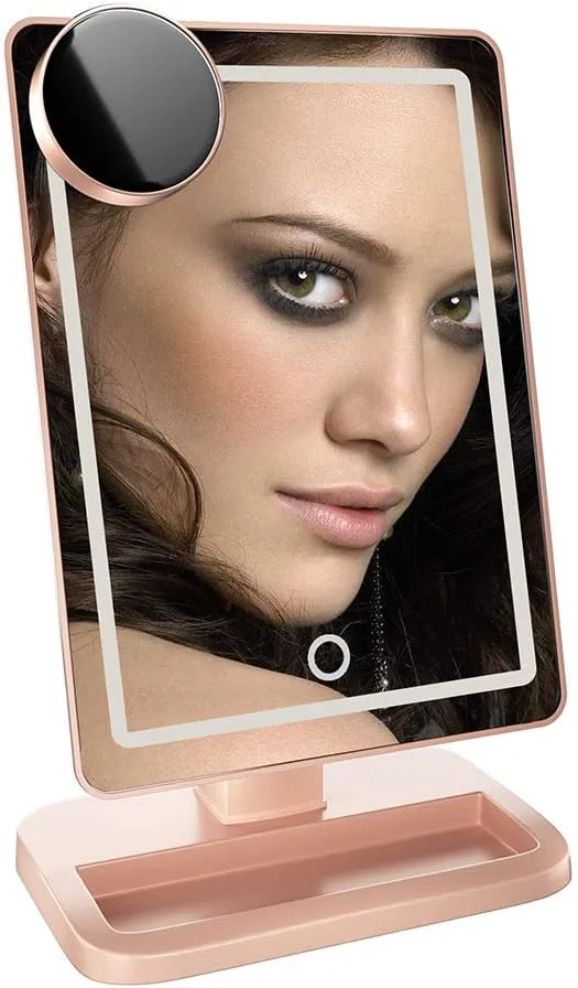 Makeup Mirror with LED Light Illuminated with 10X Magnifying Round Touch Switch Three Light Colors Standing Portable Cosmetic Mirror,1