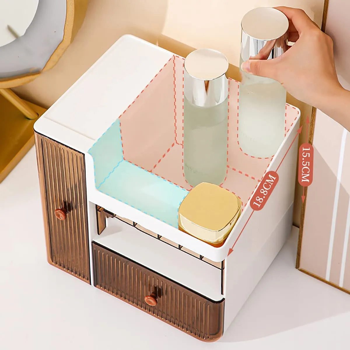Makeup Organizer, Cosmetic Storage Box with Drawers for Vanity, Cosmetic Skincare Display Cases for Dresser, Countertop