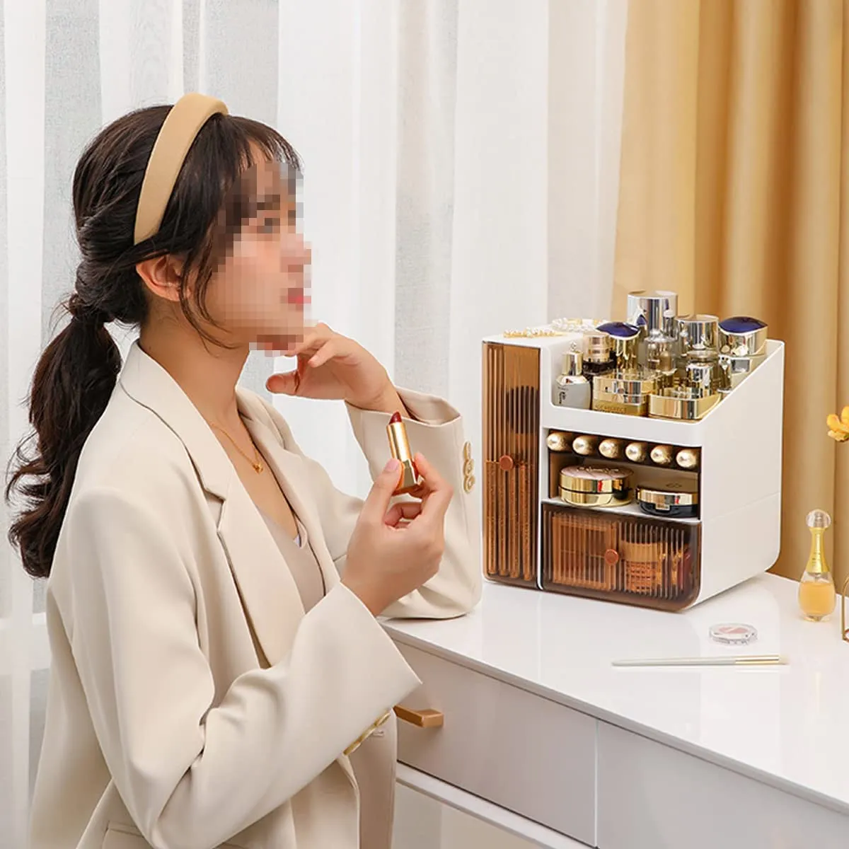 Makeup Organizer, Cosmetic Storage Box with Drawers for Vanity, Cosmetic Skincare Display Cases for Dresser, Countertop