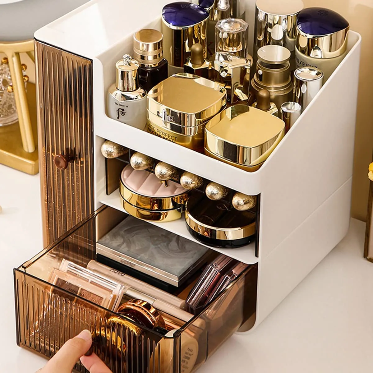 Makeup Organizer, Cosmetic Storage Box with Drawers for Vanity, Cosmetic Skincare Display Cases for Dresser, Countertop