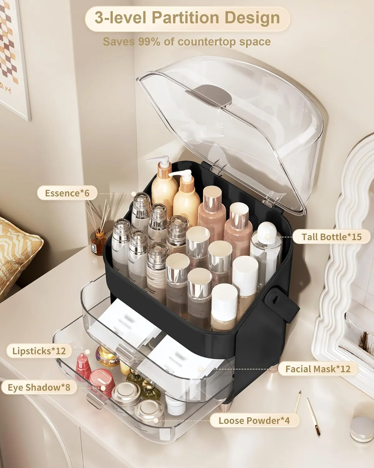 Makeup Organizer, Skincare Holder Bathroom Counter Organizer, Storage Box Cosmetic Display Cases, Teen Girl Gifts Trendy Stuff Make up Organizers for Vanity, Dresser, Countertop (black)