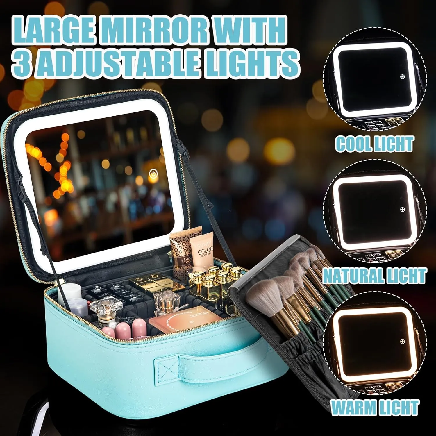 Makeup Travel Train Case with Mirror LED Light 3 Adjustable Brightness Cosmetic Bag Portable Storage Adjustable Partition Waterproof Makeup Brushes Makeup Jewelry Gift for Women (light blue)