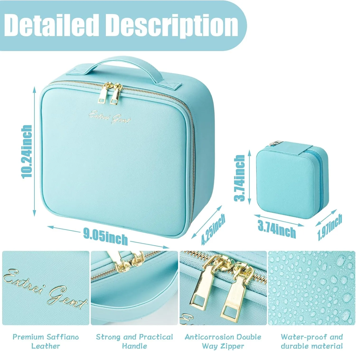 Makeup Travel Train Case with Mirror LED Light 3 Adjustable Brightness Cosmetic Bag Portable Storage Adjustable Partition Waterproof Makeup Brushes Makeup Jewelry Gift for Women (light blue)