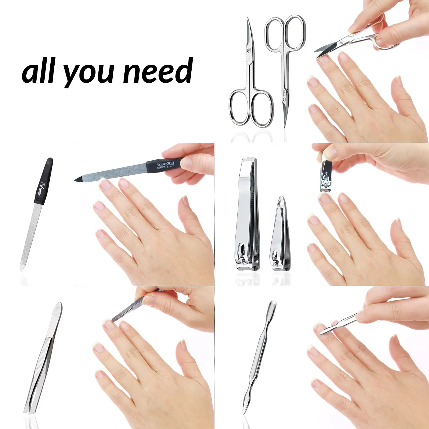 Manicure Set Solingen Made in Germany - 7 Piece Exclusive Finger & Toe Nail Clippers Kit for Women and Men in Vegan Leather Case, Color Carbon