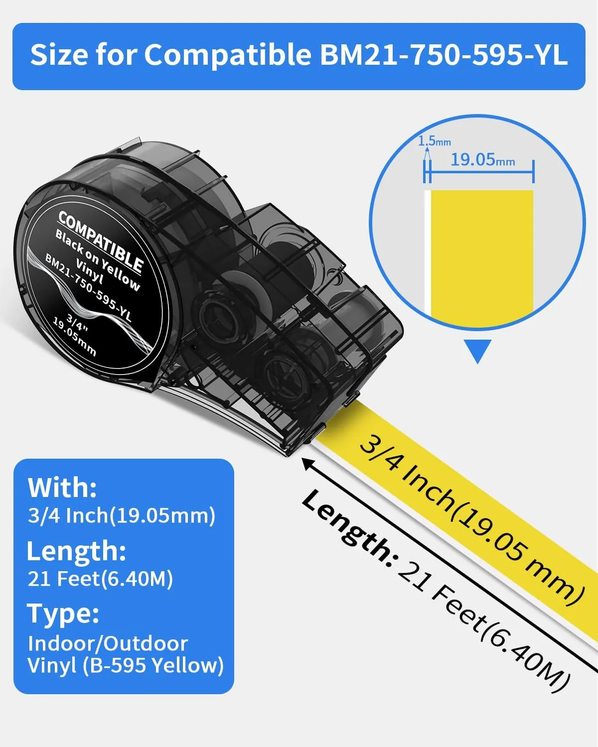 MarkDomain Compatible M21-750-595-YL 0.75" W 21' L All-Weather Vinyl Label for Indoor/Outdoor, Black on Yellow, Work with BMP21-PLUS, BMP21-LAB0, M210, M211, M210-LAB Label Printer, 2-Pack