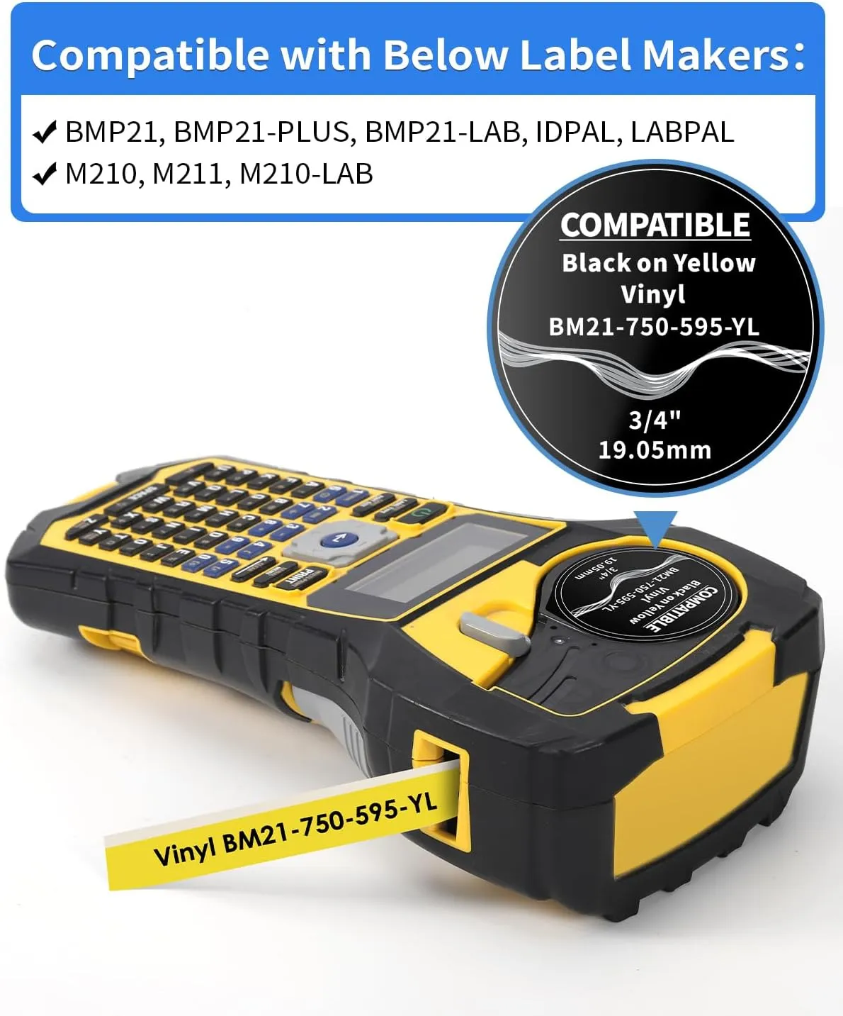MarkDomain Compatible M21-750-595-YL 0.75" W 21' L All-Weather Vinyl Label for Indoor/Outdoor, Black on Yellow, Work with BMP21-PLUS, BMP21-LAB0, M210, M211, M210-LAB Label Printer, 2-Pack