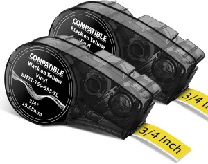 MarkDomain Compatible M21-750-595-YL 0.75" W 21' L All-Weather Vinyl Label for Indoor/Outdoor, Black on Yellow, Work with BMP21-PLUS, BMP21-LAB0, M210, M211, M210-LAB Label Printer, 2-Pack