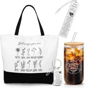 Maxdot 4 Pcs Sister in Christ Gift for Women Mother's Day Christian Canvas Tote Bag Sister in Christ Glass Cup with Lid and Straw Bible Verse Keychain Scripture Bookmark for Her Birthday Friends
