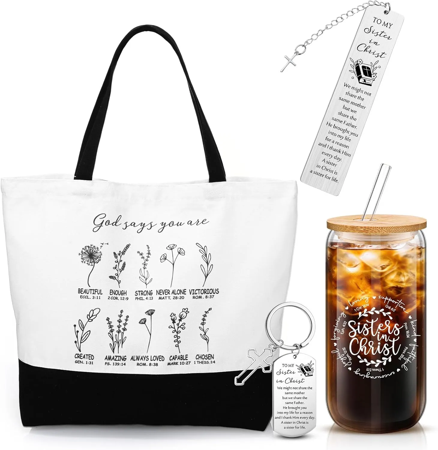 Maxdot 4 Pcs Sister in Christ Gift for Women Mother's Day Christian Canvas Tote Bag Sister in Christ Glass Cup with Lid and Straw Bible Verse Keychain Scripture Bookmark for Her Birthday Friends