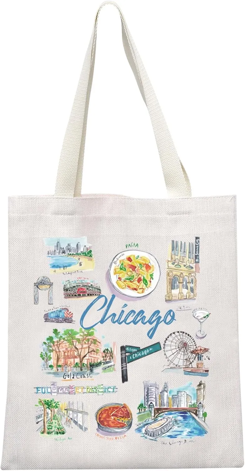 MEIKIUP Chicago Canvas Tote Bag Chicago Travel Bag Chicago Souvenir Gift Welcome to Chicago Bag Chicago Landmarks Gift